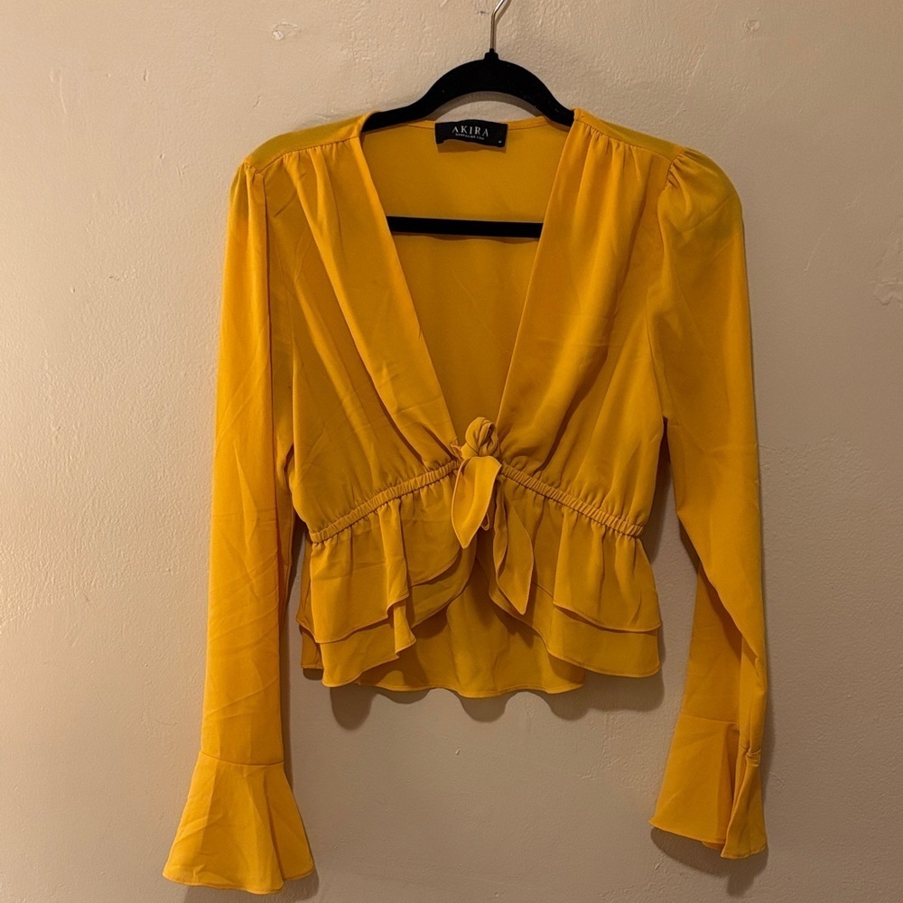 AKIRA Mustard Ruffle Tie-Front Blouse
